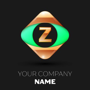 Gerçekçi altın harf Z logo sembol siyah arka plan üzerinde renkli altın-yeşil kare şeklinde. Tasarımınız için vektör şablonu