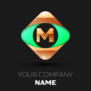 Gerçekçi altın harf M logo sembol siyah arka plan üzerinde renkli altın-yeşil kare şeklinde. Tasarımınız için vektör şablonu