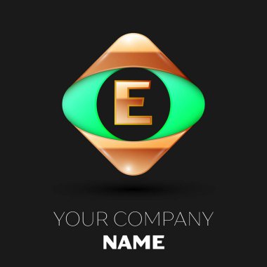 Gerçekçi altın harf E logo sembol siyah arka plan üzerinde renkli altın-yeşil kare şeklinde. Tasarımınız için vektör şablonu