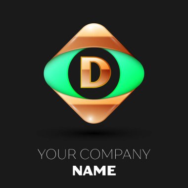 Gerçekçi altın harf D logo sembol siyah arka plan üzerinde renkli altın-yeşil kare şeklinde. Tasarımınız için vektör şablonu