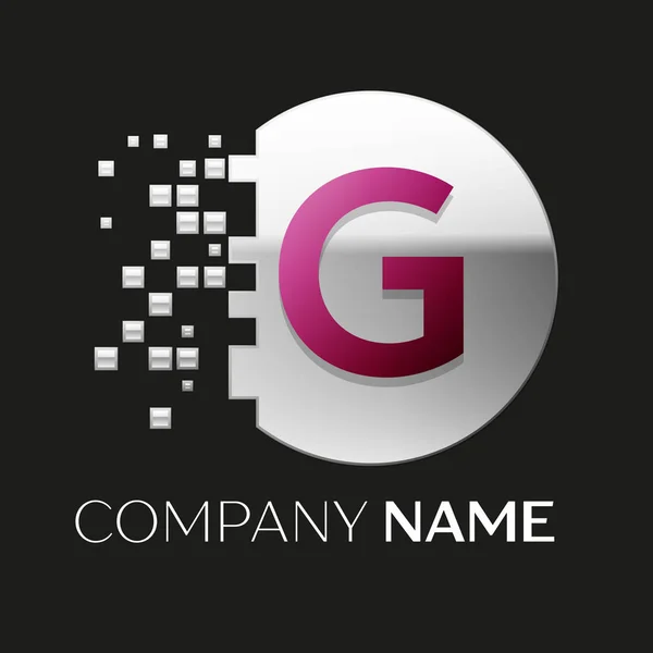 Символ логотипа - розовая буква G в форме серебристого цветного круга с блестками на черном фоне. Векторный шаблон для Вашего дизайна — стоковый вектор