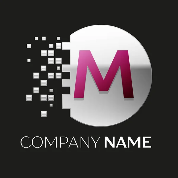 Realistiska rosa brev M logotyp symbol i silver färgglada pixel cirkel formen med krossade block på svart bakgrund. Vector mall för din design — Stock vektor