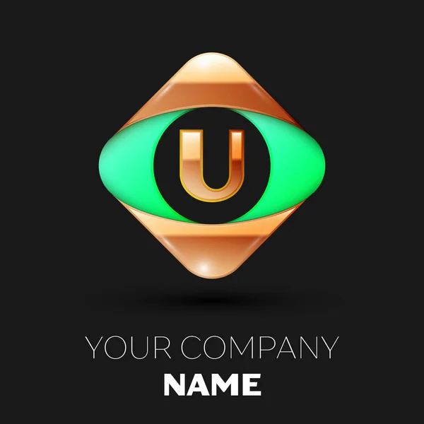 Letra de oro realista símbolo del logotipo de U en la forma cuadrada de color verde dorado sobre fondo negro. Plantilla vectorial para su diseño — Vector de stock