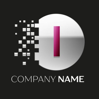 Gerçekçi pembe harf ı logo sembol siyah arka plan üzerine parçalanmış bloklarla gümüş renkli piksel daire şeklinde. Tasarımınız için vektör şablonu