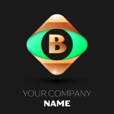 Gerçekçi altın mektup B logo sembol siyah arka plan üzerinde renkli altın-yeşil kare şeklinde. Tasarımınız için vektör şablonu