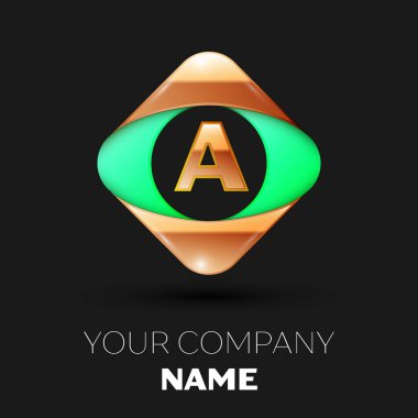 Gerçekçi altın harf logo sembol siyah arka plan üzerinde renkli altın-yeşil kare şeklinde. Tasarımınız için vektör şablonu