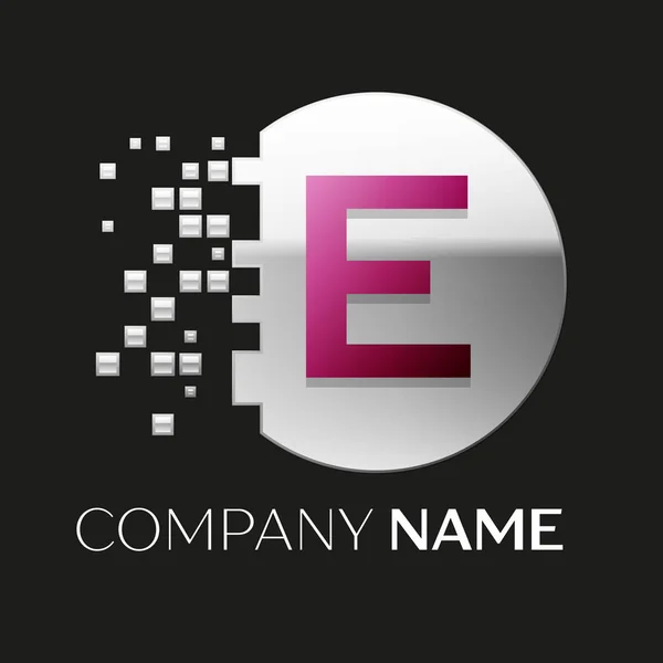 Realistické růžové písmeno E logo symbol ve tvaru kruhu stříbrné barevné pixelů s rozbitým bloky na černém pozadí. Vektor šablona pro návrh — Stockový vektor