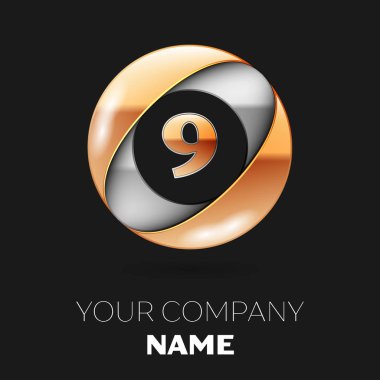 Gerçekçi altın Number Nine logo sembol siyah arka plan üzerine gümüş-altın renkli daire şeklinde. Tasarımınız için vektör şablonu