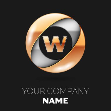 Gerçekçi altın harf W logo sembol siyah arka plan üzerine gümüş-altın renkli daire şeklinde. Tasarımınız için vektör şablonu