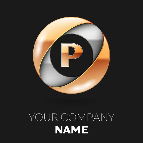 Realista símbolo del logotipo de la letra P dorada en forma de círculo colorido plateado sobre fondo negro. Plantilla vectorial para su diseño — Vector de stock