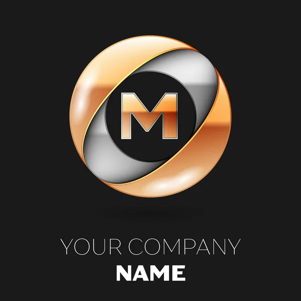 Realista símbolo del logotipo de la letra M dorada en forma de círculo colorido plateado sobre fondo negro. Plantilla vectorial para su diseño — Archivo Imágenes Vectoriales