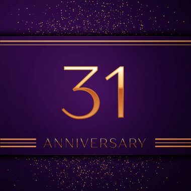 Gerçekçi otuz bir yıl yıldönümü kutlamaları tasarım afiş. Altın sayı ve mor zemin üzerine konfeti. Doğum günü partin için renkli vektör şablon öğeleri