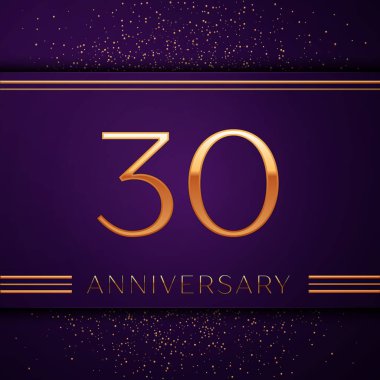 Gerçekçi otuz yıl yıldönümü kutlamaları tasarım afiş. Altın sayı ve mor zemin üzerine konfeti. Doğum günü partin için renkli vektör şablon öğeleri