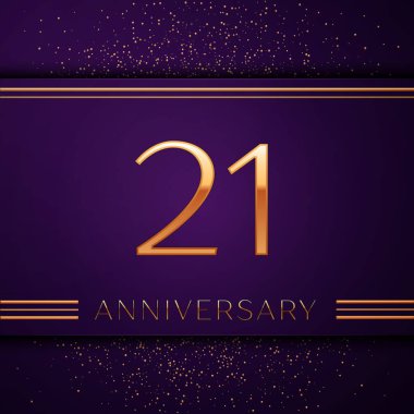 Gerçekçi yirmi bir yıl yıldönümü kutlamaları tasarım afiş. Altın sayı ve mor zemin üzerine konfeti. Doğum günü partin için renkli vektör şablon öğeleri