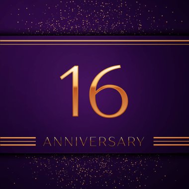 Gerçekçi on altı yıl yıldönümü kutlamaları tasarım afiş. Altın sayı ve mor zemin üzerine konfeti. Doğum günü partin için renkli vektör şablon öğeleri