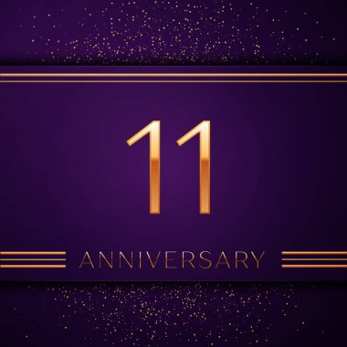 Gerçekçi onbir yıl yıldönümü kutlamaları tasarım afiş. Altın sayı ve mor zemin üzerine konfeti. Doğum günü partin için renkli vektör şablon öğeleri