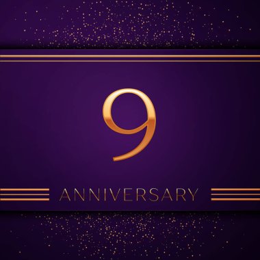 Gerçekçi dokuz yıl yıldönümü kutlamaları tasarım afiş. Altın sayı ve mor zemin üzerine konfeti. Doğum günü partin için renkli vektör şablon öğeleri