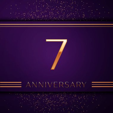 Gerçekçi yedi yıl yıldönümü kutlamaları tasarım afiş. Altın sayı ve mor zemin üzerine konfeti. Doğum günü partin için renkli vektör şablon öğeleri