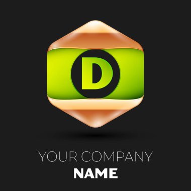 Gerçekçi yeşil mektup D logo sembol siyah arka plan üzerinde renkli altın-yeşil altıgen şeklinde. Tasarımınız için vektör şablonu