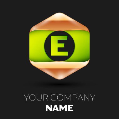 Gerçekçi yeşil harf E logo sembol siyah arka plan üzerinde renkli altın-yeşil altıgen şeklinde. Tasarımınız için vektör şablonu