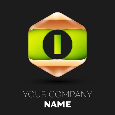 Gerçekçi yeşil harf ı logo sembol siyah arka plan üzerinde renkli altın-yeşil altıgen şeklinde. Tasarımınız için vektör şablonu