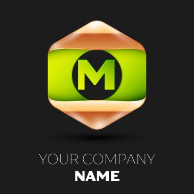 Gerçekçi yeşil mektup M logo sembol siyah arka plan üzerinde renkli altın-yeşil altıgen şeklinde. Tasarımınız için vektör şablonu