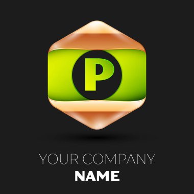 Gerçekçi yeşil mektup P logo sembol siyah arka plan üzerinde renkli altın-yeşil altıgen şeklinde. Tasarımınız için vektör şablonu