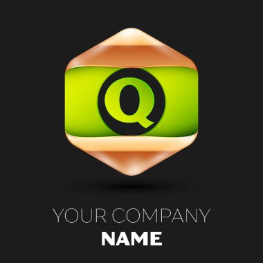 Gerçekçi yeşil harf Q logo sembol siyah arka plan üzerinde renkli altın-yeşil altıgen şeklinde. Tasarımınız için vektör şablonu