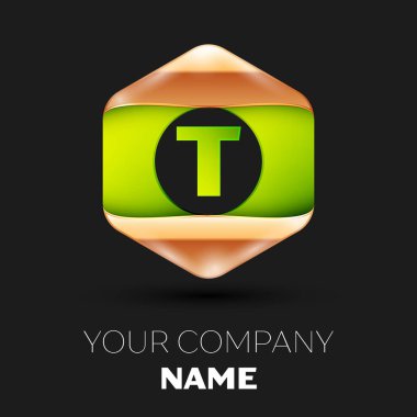 Gerçekçi yeşil mektup T logo sembol siyah arka plan üzerinde renkli altın-yeşil altıgen şeklinde. Tasarımınız için vektör şablonu
