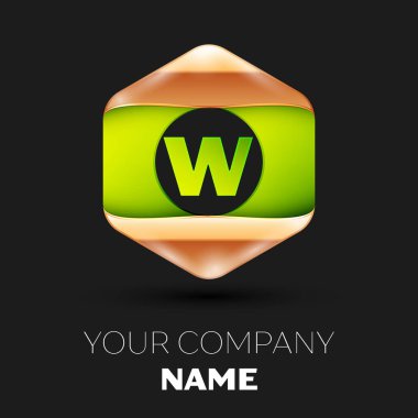 Gerçekçi yeşil mektup W logo sembol siyah arka plan üzerinde renkli altın-yeşil altıgen şeklinde. Tasarımınız için vektör şablonu