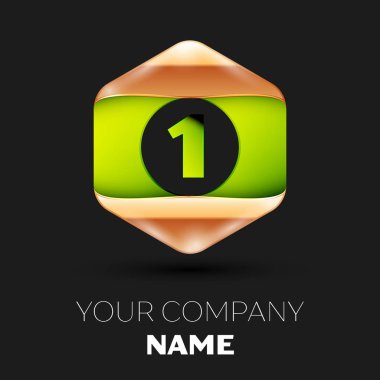 Gerçekçi yeşil bir logo sembol siyah arka plan üzerinde renkli altın-yeşil altıgen şeklinde. Tasarımınız için vektör şablonu
