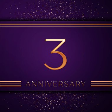 Gerçekçi üç yıl yıldönümü kutlamaları tasarım afiş. Altın sayı ve mor zemin üzerine konfeti. Doğum günü partin için renkli vektör şablon öğeleri