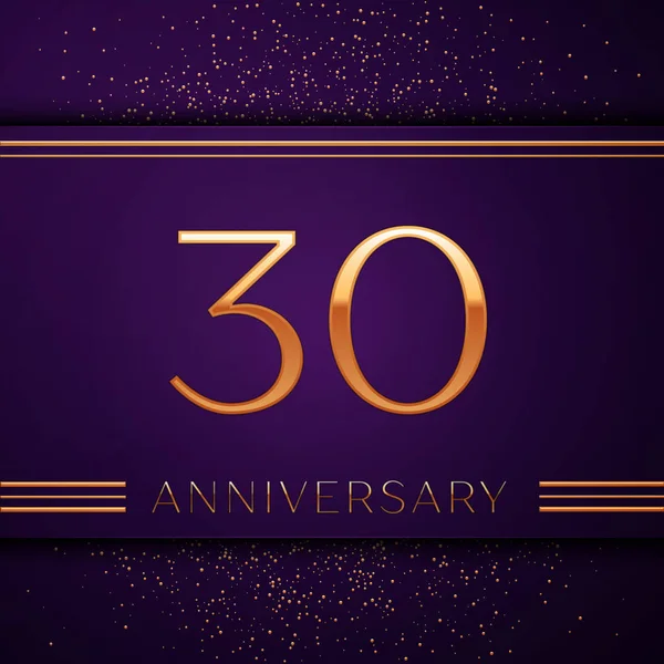 リアルな 30 年周年記念デザインのバナー。黄金の数と紫色の背景に紙吹雪。あなたの誕生日パーティーのためのカラフルなベクトル テンプレート要素 — ストックベクタ