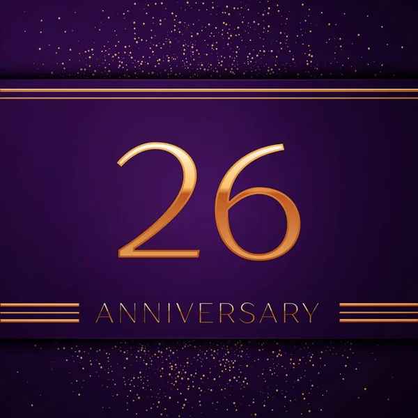 Realistiska tjugo sex år Anniversary Celebration design banner. Gyllene nummer och konfetti på lila bakgrund. Färgglada Vector mall-element för din födelsedagsfest — Stock vektor