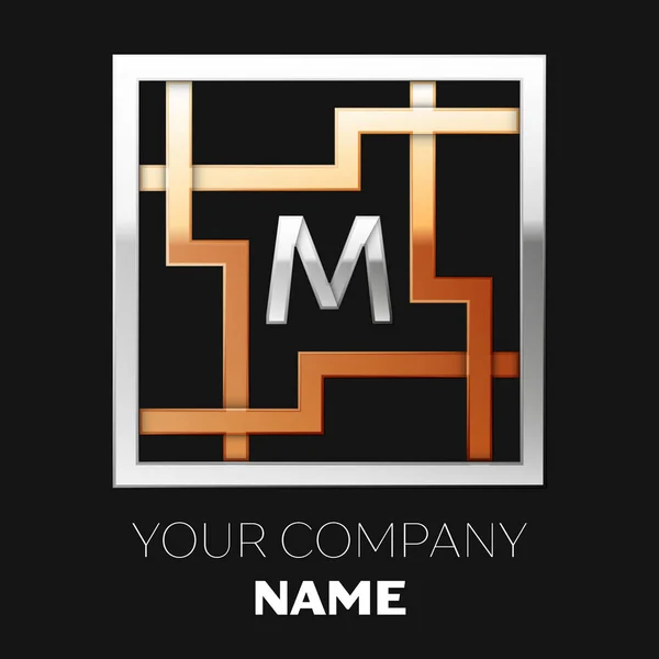 Символ логотипа - серебристая буква М в форме серебристо-золотистого квадратного лабиринта на черном фоне. Логотип символизирует лабиринт, выбор правильного пути. Векторный шаблон для Вашего дизайна — стоковый вектор
