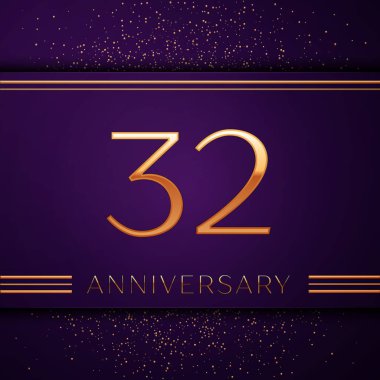 Gerçekçi otuz iki yıl yıldönümü kutlamaları tasarım afiş. Altın sayı ve mor zemin üzerine konfeti. Doğum günü partin için renkli vektör şablon öğeleri