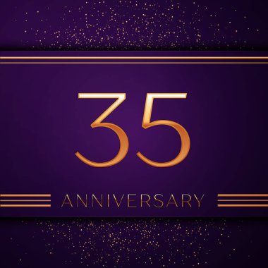 Gerçekçi otuz beş yıl yıldönümü kutlamaları tasarım afiş. Altın sayı ve mor zemin üzerine konfeti. Doğum günü partin için renkli vektör şablon öğeleri
