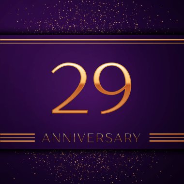 Gerçekçi yirmi dokuz yıl yıldönümü kutlamaları tasarım afiş. Altın sayı ve mor zemin üzerine konfeti. Doğum günü partin için renkli vektör şablon öğeleri