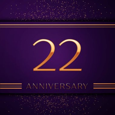 Gerçekçi yirmi iki yıl yıldönümü kutlamaları tasarım afiş. Altın sayı ve mor zemin üzerine konfeti. Doğum günü partin için renkli vektör şablon öğeleri