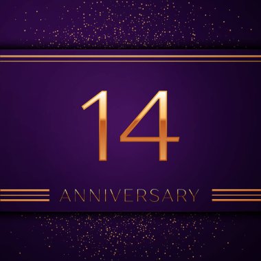 Gerçekçi on dört yıl yıldönümü kutlamaları tasarım afiş. Altın sayı ve mor zemin üzerine konfeti. Doğum günü partin için renkli vektör şablon öğeleri