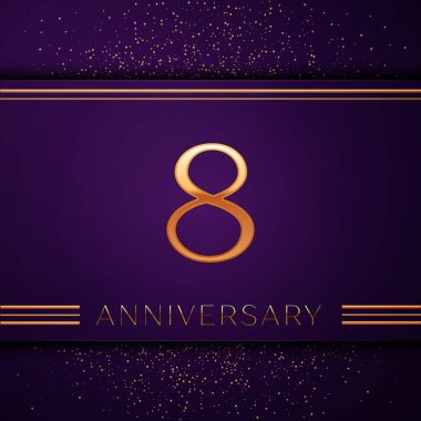 Gerçekçi sekiz yıl yıldönümü kutlamaları tasarım afiş. Altın sayı ve mor zemin üzerine konfeti. Doğum günü partin için renkli vektör şablon öğeleri