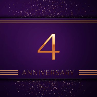 Gerçekçi dört yıl yıldönümü kutlamaları tasarım afiş. Altın sayı ve mor zemin üzerine konfeti. Doğum günü partin için renkli vektör şablon öğeleri