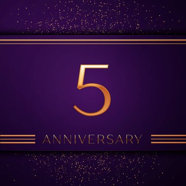 Gerçekçi beş yıl yıldönümü kutlamaları tasarım afiş. Altın sayı ve mor zemin üzerine konfeti. Doğum günü partin için renkli vektör şablon öğeleri