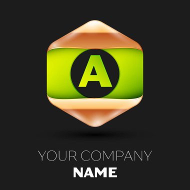 Gerçekçi yeşil bir logo sembol siyah arka plan üzerinde renkli altın-yeşil altıgen şeklinde mektup. Tasarımınız için vektör şablonu