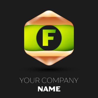 Gerçekçi yeşil mektup F logo sembol siyah arka plan üzerinde renkli altın-yeşil altıgen şeklinde. Tasarımınız için vektör şablonu