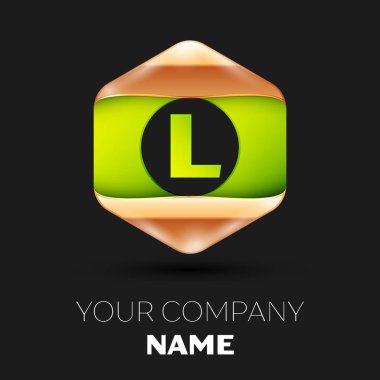 Gerçekçi yeşil mektup L logo sembol siyah arka plan üzerinde renkli altın-yeşil altıgen şeklinde. Tasarımınız için vektör şablonu