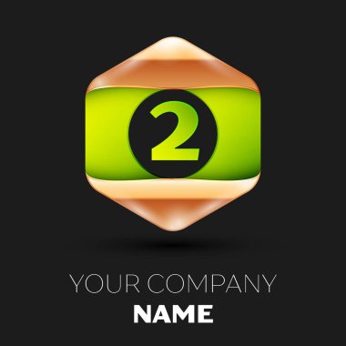 Gerçekçi yeşil sayı iki logo sembol siyah arka plan üzerinde renkli altın-yeşil altıgen şeklinde. Tasarımınız için vektör şablonu