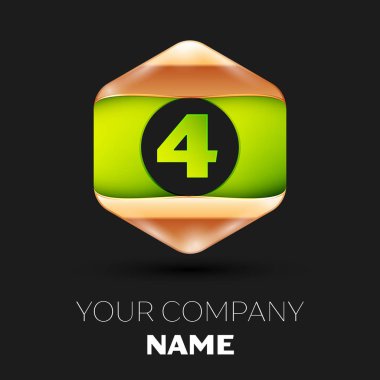 Gerçekçi yeşil dört numara logo sembol siyah arka plan üzerinde renkli altın-yeşil altıgen şeklinde. Tasarımınız için vektör şablonu