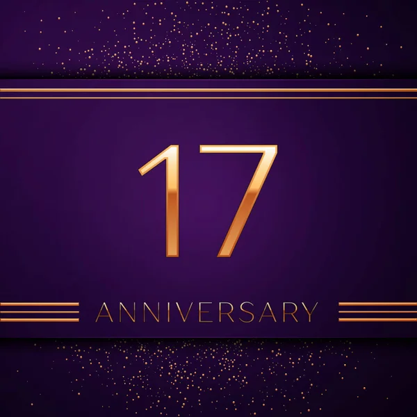 Realistic Seventeen Years Anniversary Banner de diseño de celebración. Número dorado y confeti sobre fondo púrpura. Coloridos elementos de plantilla Vector para su fiesta de cumpleaños — Vector de stock