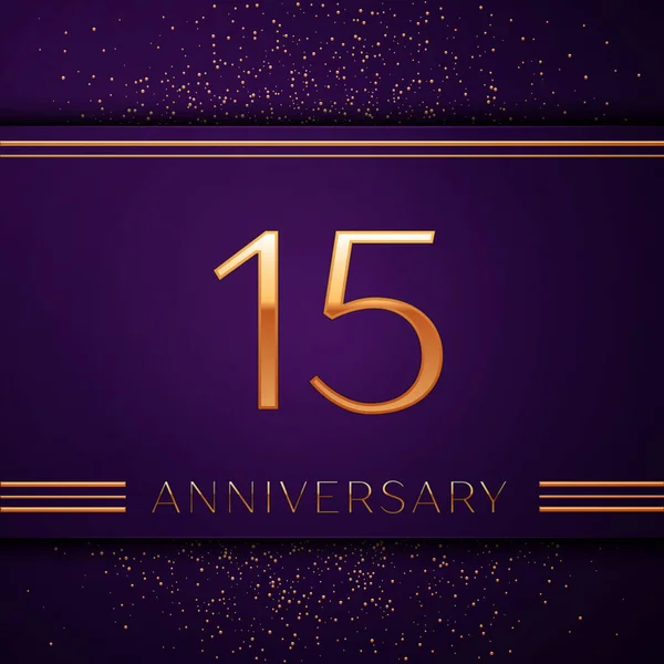 Realistic Fifteen Years Anniversary Banner de diseño de celebración. Número dorado y confeti sobre fondo púrpura. Coloridos elementos de plantilla Vector para su fiesta de cumpleaños — Vector de stock